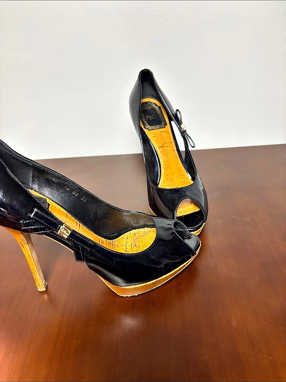 Christian Dior Patent Leather Bow Peep Toe Cork Platform Pumps